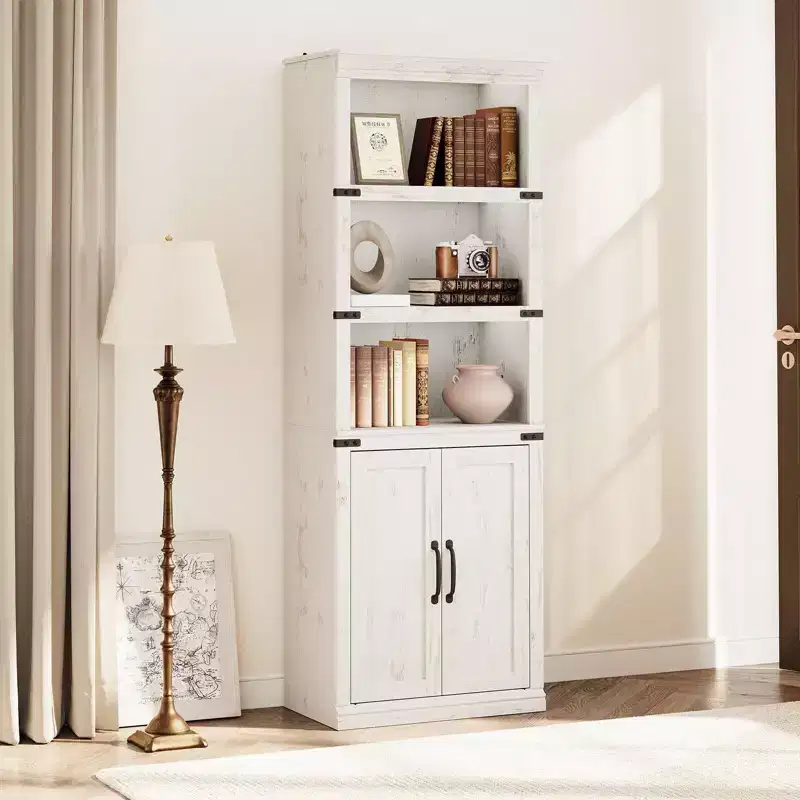 Coolmee Farmhouse Bookcases with Doors, 5 Tier Bookshelf with Storage, Wooden Storage Cabinet for Living Room, Home, Office, Bedroom