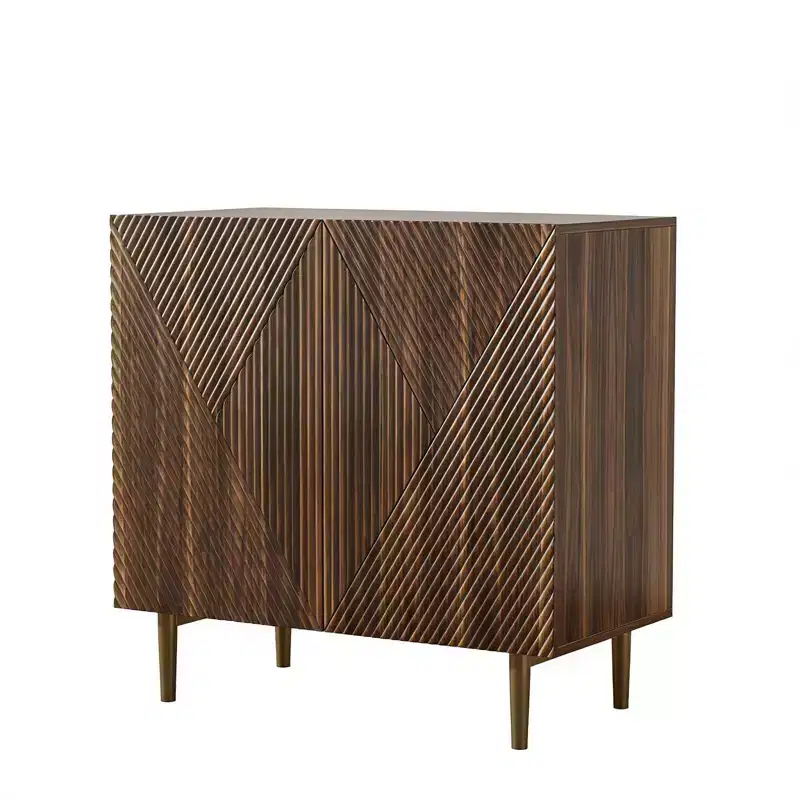 Wood Carved Geometric Sideboard with 2 Doors & Drawer, Walnut Brown, 31W x 31H