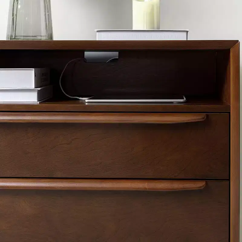 Margery Mid-century Modern 2 - Drawer end table with Built-In Outlets and Cable Management and Open Shelf | HULALA HOME