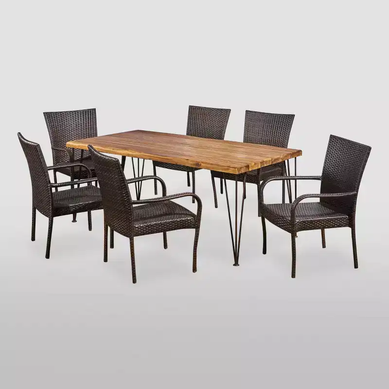 7pc Walker Acacia & Wicker Patio Dining Set Teak - Christopher Knight Home: Outdoor Seating, Hairpin Table