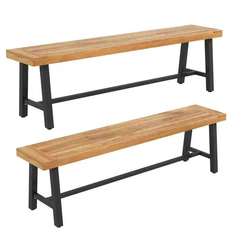 Costway 2PCS 63 Acacia Wood Outdoor Bench 3-Person Patio Bench with 800 lbs Weight Capacity Outdoor Backless Bench with Heavy-Duty Metal Frame