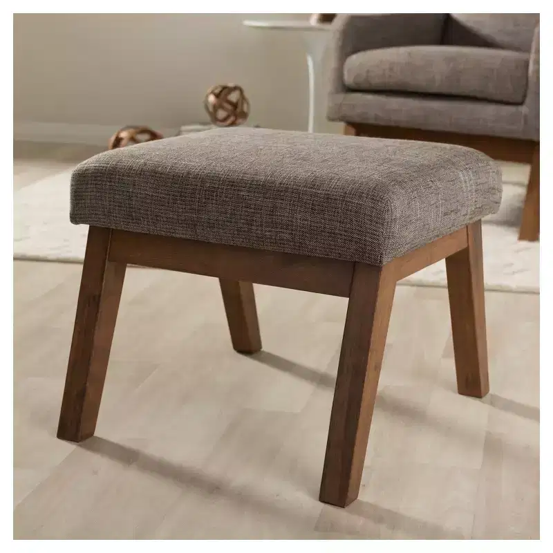 Aberdeen Mid - Century Modern Wood Finish and Fabric Upholstered Ottoman - Gravel / Walnut Brown - Baxton Studio: Minimalist Footstool, MDF Frame