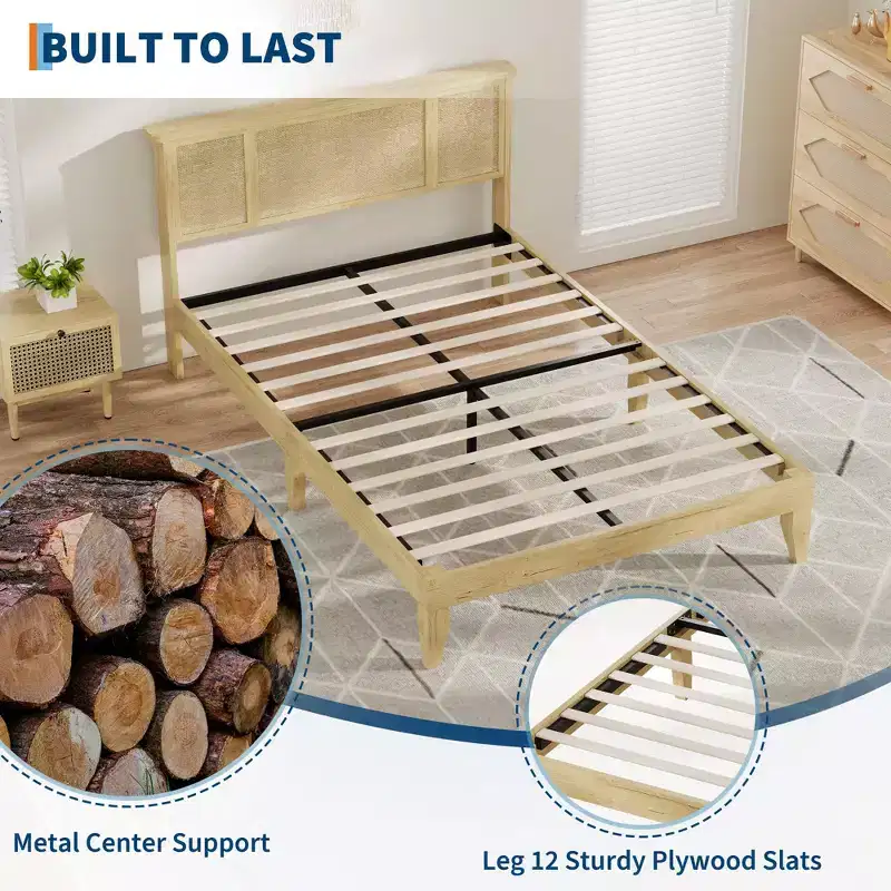 GustoWave Bed Frame with Natural Rattan Headboard, Strong Wooden Slats