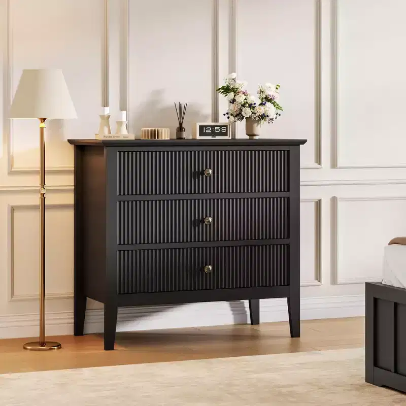 Fluted 3 Drawer Dresser, with Vertical Texture Wood Dresser for Bedroom, Living Room, Entryway,Nightstand with Storage Drawers