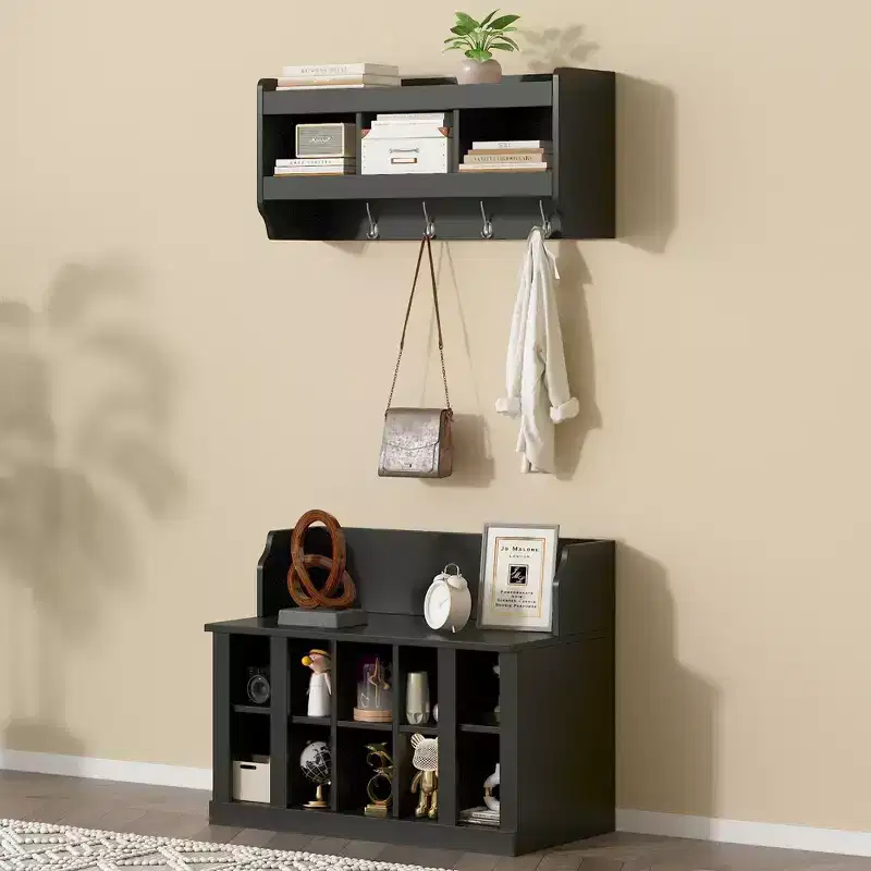 Elegant Hall Tree with Wall Mounted Coat Rack and Adjustable Shelves and 4 Hooks