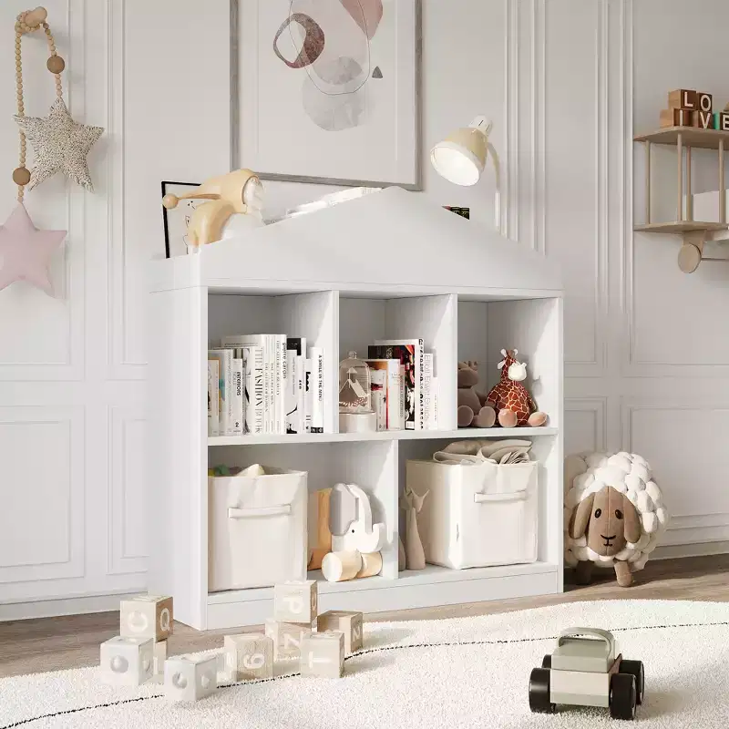 Kids Bookshelf White Toy Storage Organizer 5-Cubby Bookcase Toddlers Playhouse Cabinet Shelf Wooden Cubby Storage