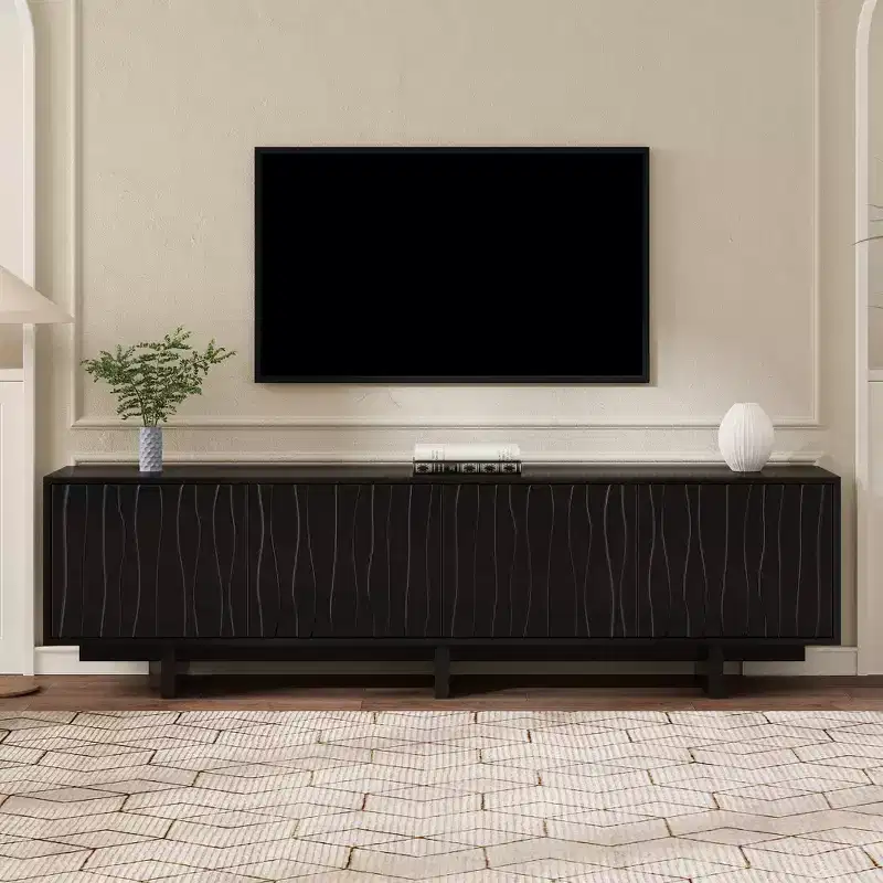 TV Stand Retro Wood Grain, Corrugated Doors, Fits TVs up to 75, Country-Style Media Console with Ample Storage, Sturdy Base