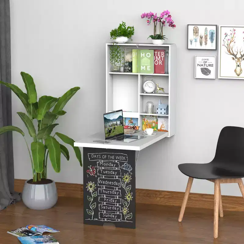 Wall Mounted Foldable Desk with Blackboard and Shelves, White