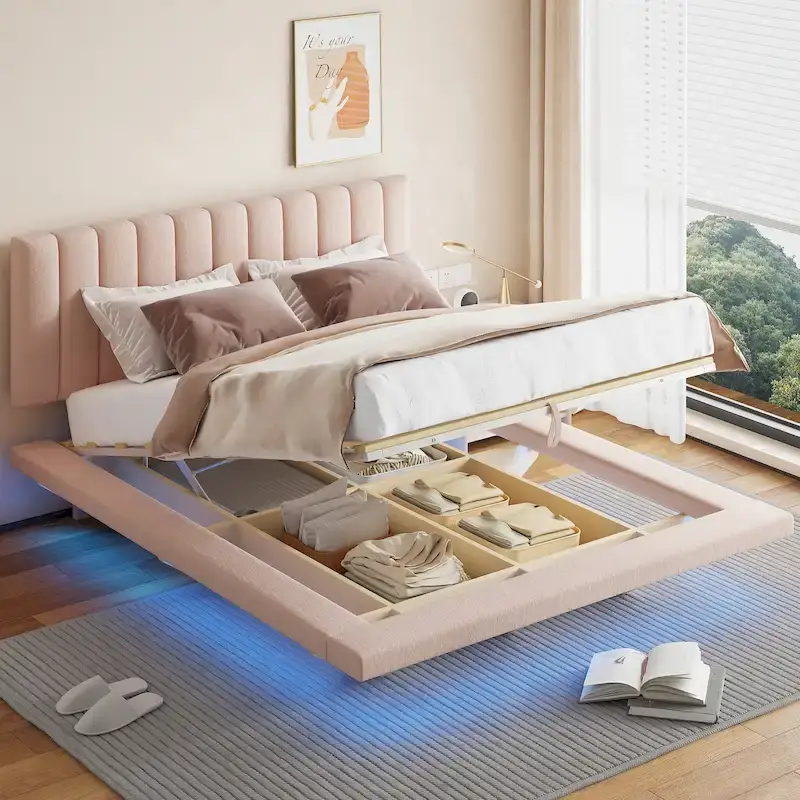 Pink/Gray/Beige Queen Upholstered Platform Bed, 2-Person, LED & USB