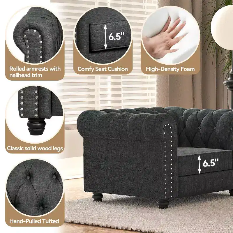 Gray Linen Chesterfield Chair for Living Room-Morden Fort