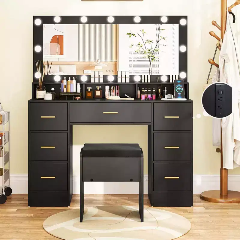 Costway Makeup Vanity Desk with Mirror and Lights Charging Station 3-Color LED Lights Black/White