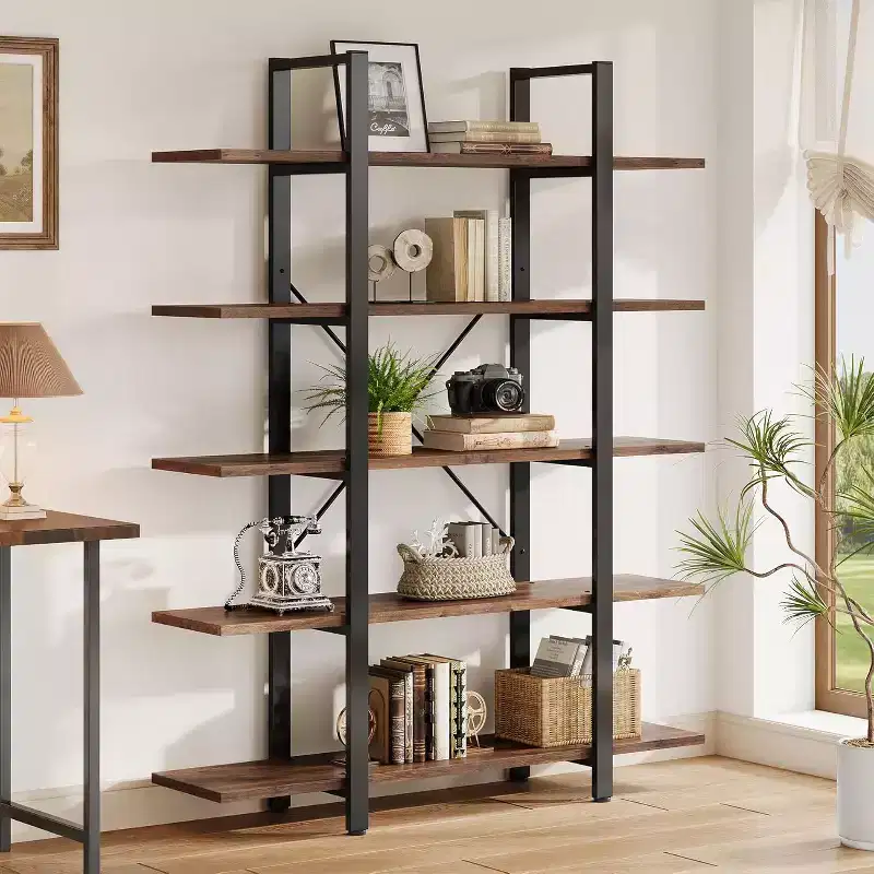 5-Tier Bookshelf, Industrial Bookcase, Vintage Tall Book Rack, 70 H x 11 D x 47 W, for Bedroom, Living Room, Home Office, Rustic Brown