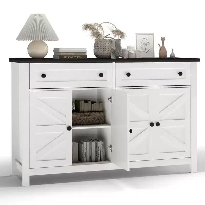 55.1in White Sideboard Buffet - Modern Farmhouse Storage Cabinet with Drawers/Doors (Coffee Bar Compatible)