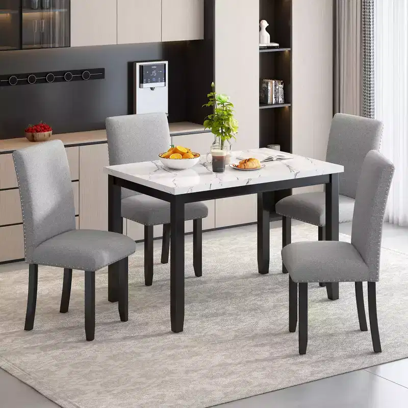 5-Piece Dining Table Set Dining Set with Faux Marble Dining Table, 4 Thicken Cushion Dining Chairs, Gray/White-ModernLuxe