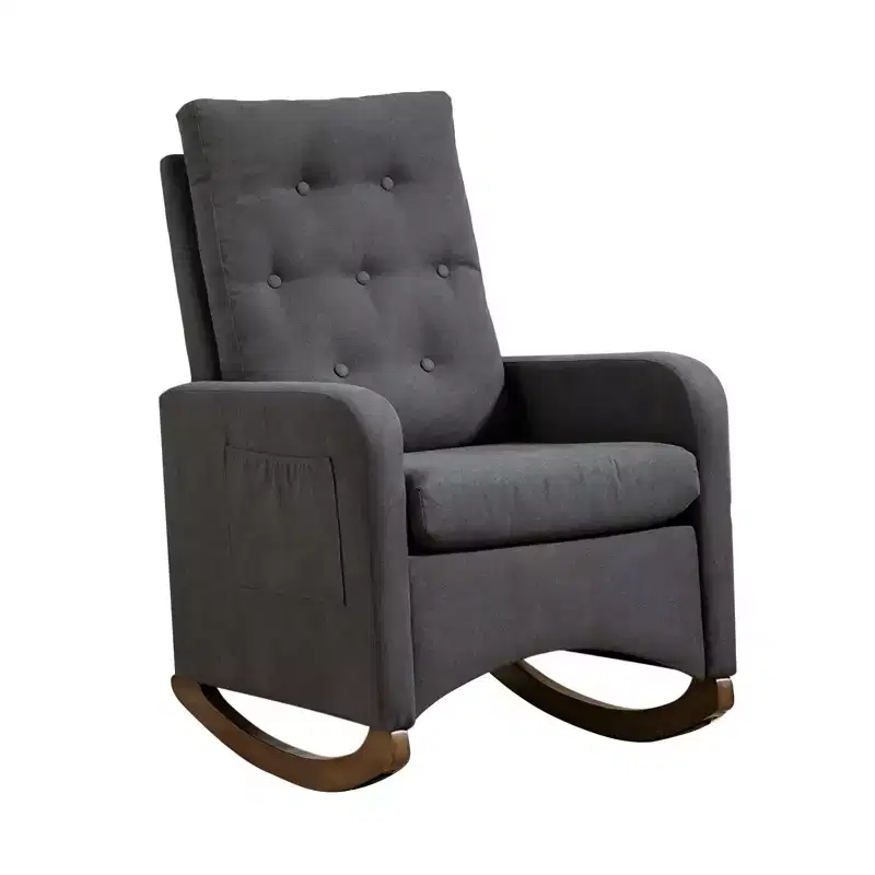 Upholstered Rocking Chair, Fabric Comfy Accent Armchair Chair with Rubber Wood Legs, High Backrest and Side Pocket for Living Room