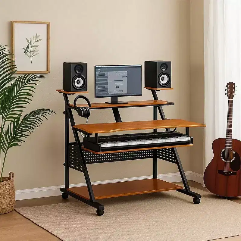 Royal Hampton 67 Inch Wood Music Desk Studio Station, Keyboard Tray Shelves, Walnut