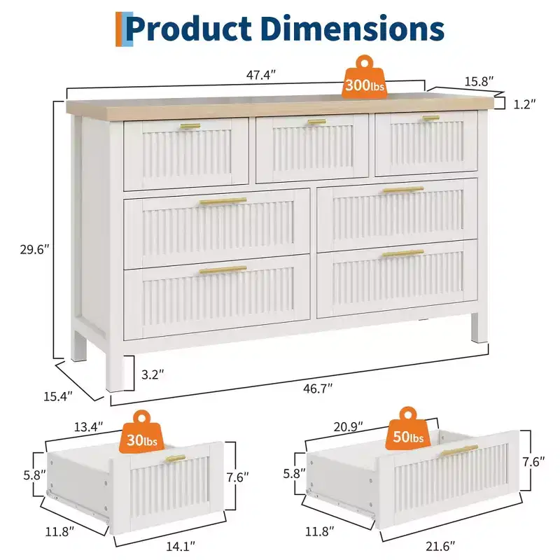GustoWave 7 Drawer Dresser with Textured Fronts, TV Stand for TVs Up to 65 ,for Wide Storage Chest for Bedroom, Living Room, Entryway