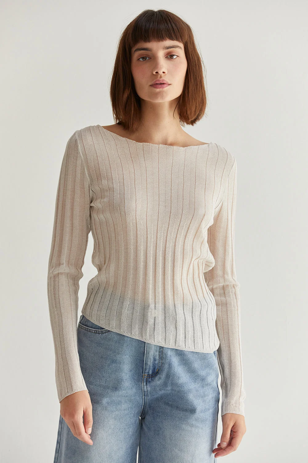 Long Sleeve Semi-Sheer Ribbed Knit Boat Neck Top