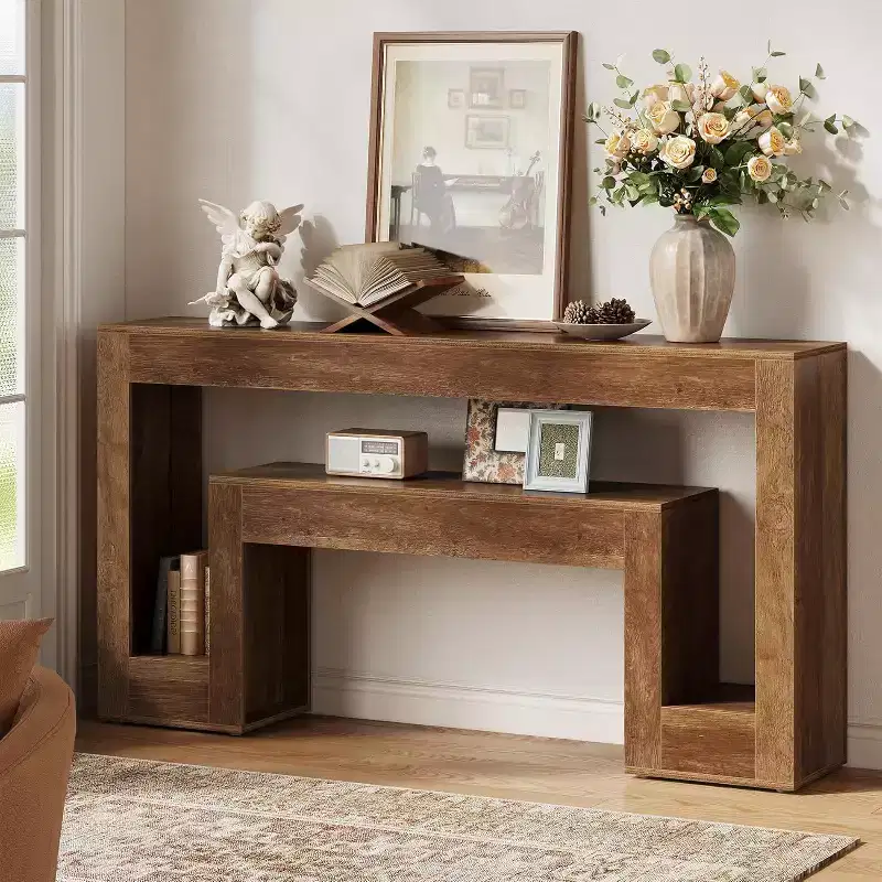 Lantine 63-inch Wood Farmhouse Console Table with 2-Tier Shelf, Narrow Design for Entryway, Hallway, Living Room (Rustic Brown)