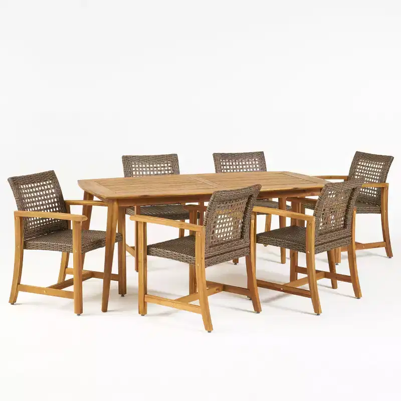Christopher Knight Home Botsford Outdoor Acacia Wood and Wicker 7 Piece Dining Set, Teak/Mixed Mocha