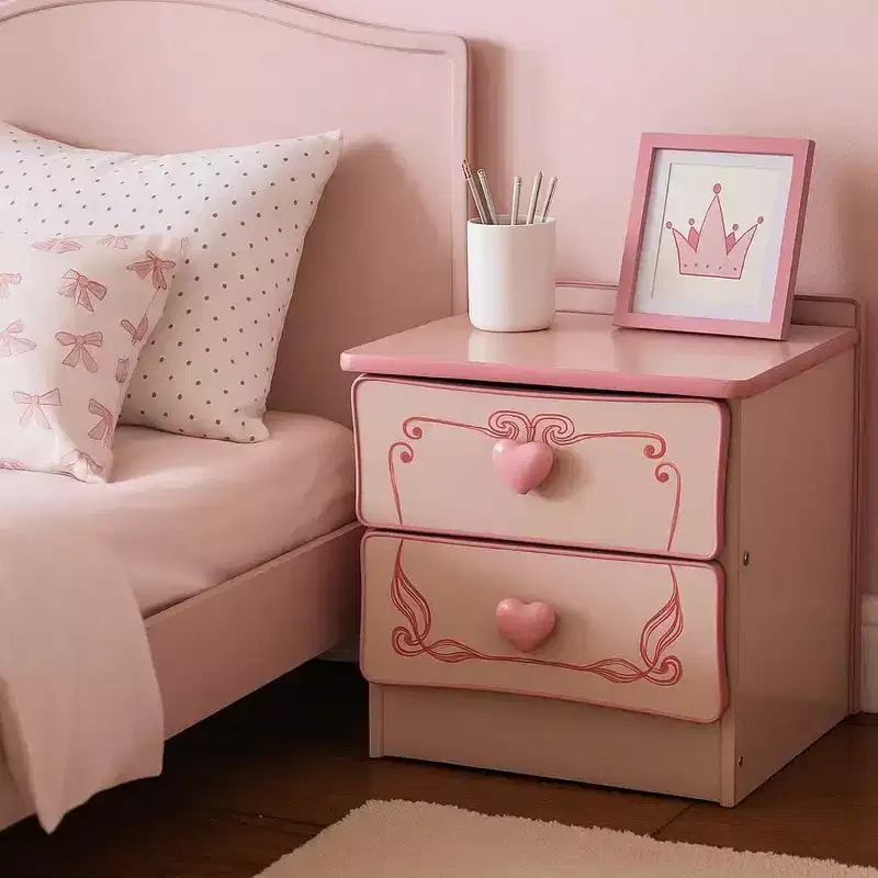 2-Drawer Wooden Nightstand with Heart Knob Pulls, Pink
