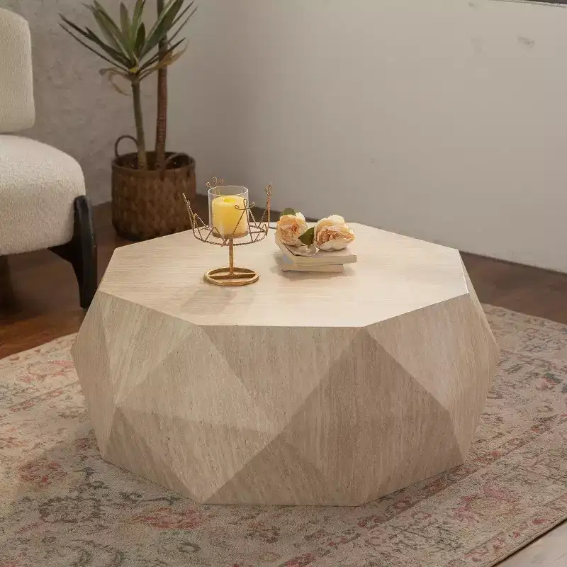 Modern Octagon Drum Coffee Table, Fir Wood Grain Center Table for Living Room, Apartment or Office, Farmhouse Geometric Accent Table - Panipeachy