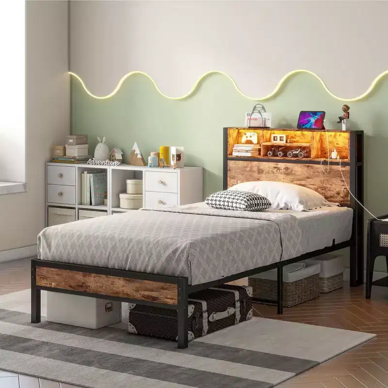 Twin Size Bed Frame with Storage Headboard, Charging Station & RGB LED Lights, Heavy Duty, No Box Spring Needed