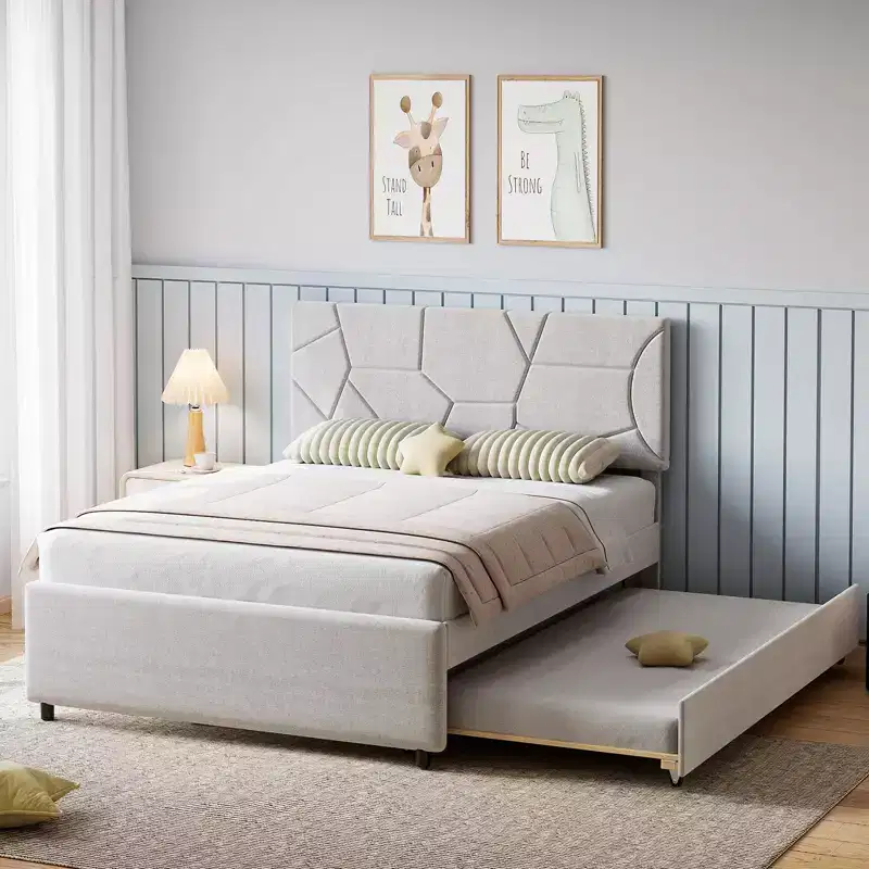 Trundle Bed Twin, Queen Size Upholstered Platform Bed Frame, Pull Out Bed with Headboard, Wood Slat Support, for Bedroom, Living Room, Guest Room