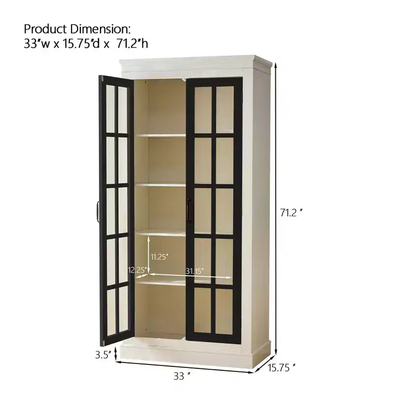 71.2 Tall Display Cabinet with Glass Doors, 5 Tiers Curio Display Case with 2 Adjustable Shelves and 2 Fixed Shelves