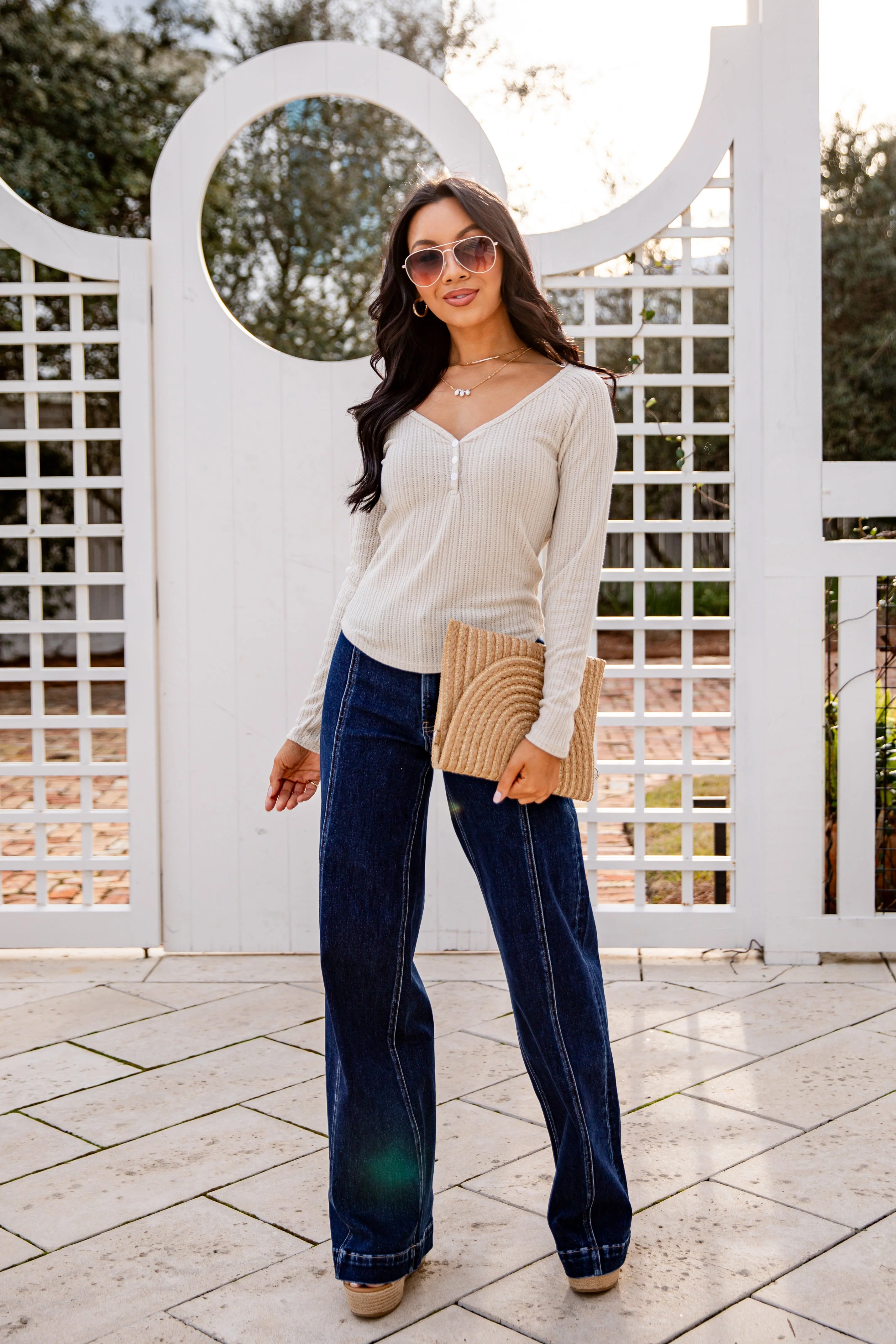 Ribbed Waffle Knit V-Neck Button Long Sleeve Crop Top