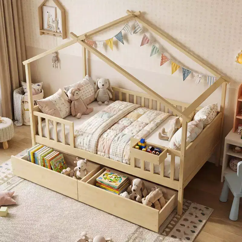 Full Size Bed with 2 Storage Drawers, House-Shaped Bed Frame for Kids & Teens, White/Natural