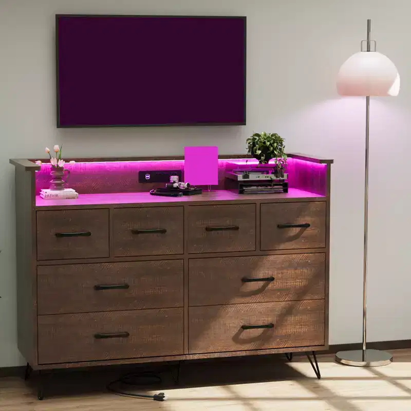 Storage cabinet, 8 drawer dresser with LED lights and charging station, wooden chest of drawers, open space, entryway, living room storage organizer