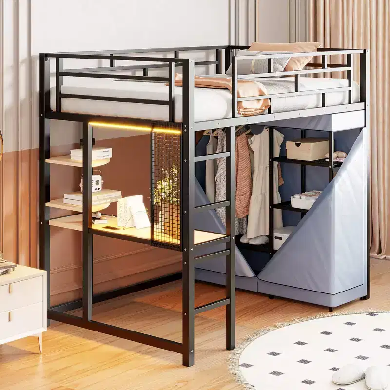 Okak 77.4IN Twin/Full Size Metal Loft Bed with Desk, Bed Frames with High Safety Guardrails and Wardrobe, Twin Bed for Bedroom, Dormitory