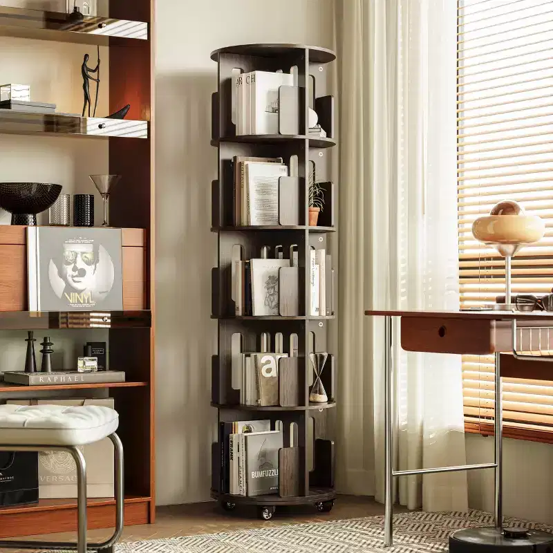 ATJafurn 17.7'' 360 Rotating Bookshelf Tower Revolving Corner Bookcase, Mid-Century Modern Dark Walnut Spinning Bookshelves For Home Office Corner