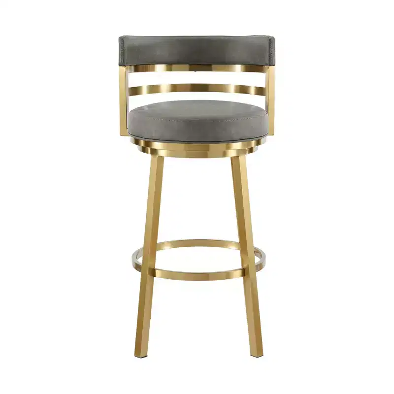HomeRoots 26 Gray and Gold Faux Leather and Stainless Steel Low Back Counter Height Swivel Bar Chair