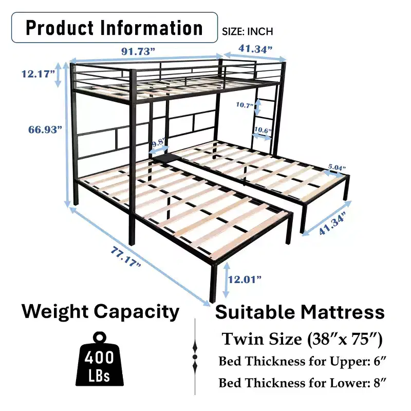Twin Over Twin Triple Bunk Beds for 3 Kids,Metal Triple Bunk Beds with Wood Slats and Table,Noise Reduced Structure,Black