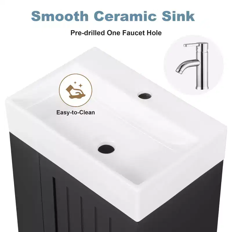 Bathroom Vanity with Ceramic Sink, MDF Storage Drawer, Side Shelf & Golden Handle