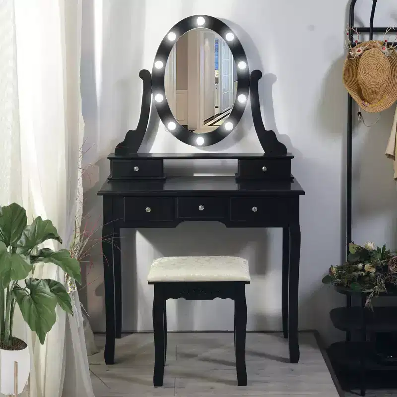 GustoWave Vanity Desk, Vanity Mirror with Lights and Table Set with 5 Drawers, Wood Makeup Dressing Table with Oval Mirror & Stool for Bedroom