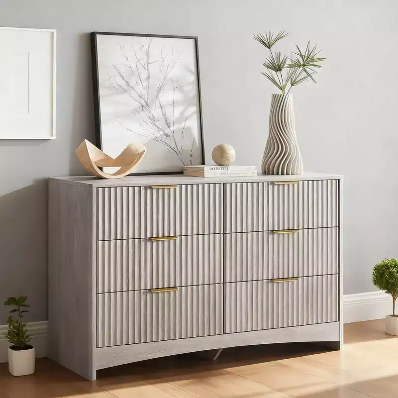6-drawer dressing table, rounded drawer slot wooden box, dressing table TV stand, and storage rack for bedroom and hallway, gray