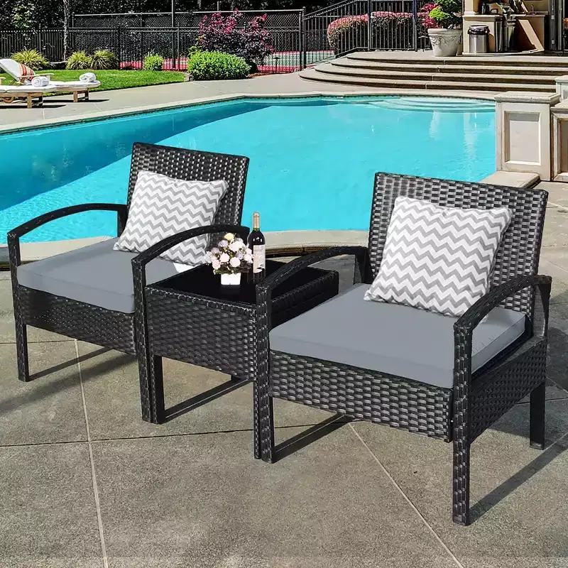 Costway 3PC Patio Rattan Furniture Set Coffee Table Conversation Sofa Cushioned