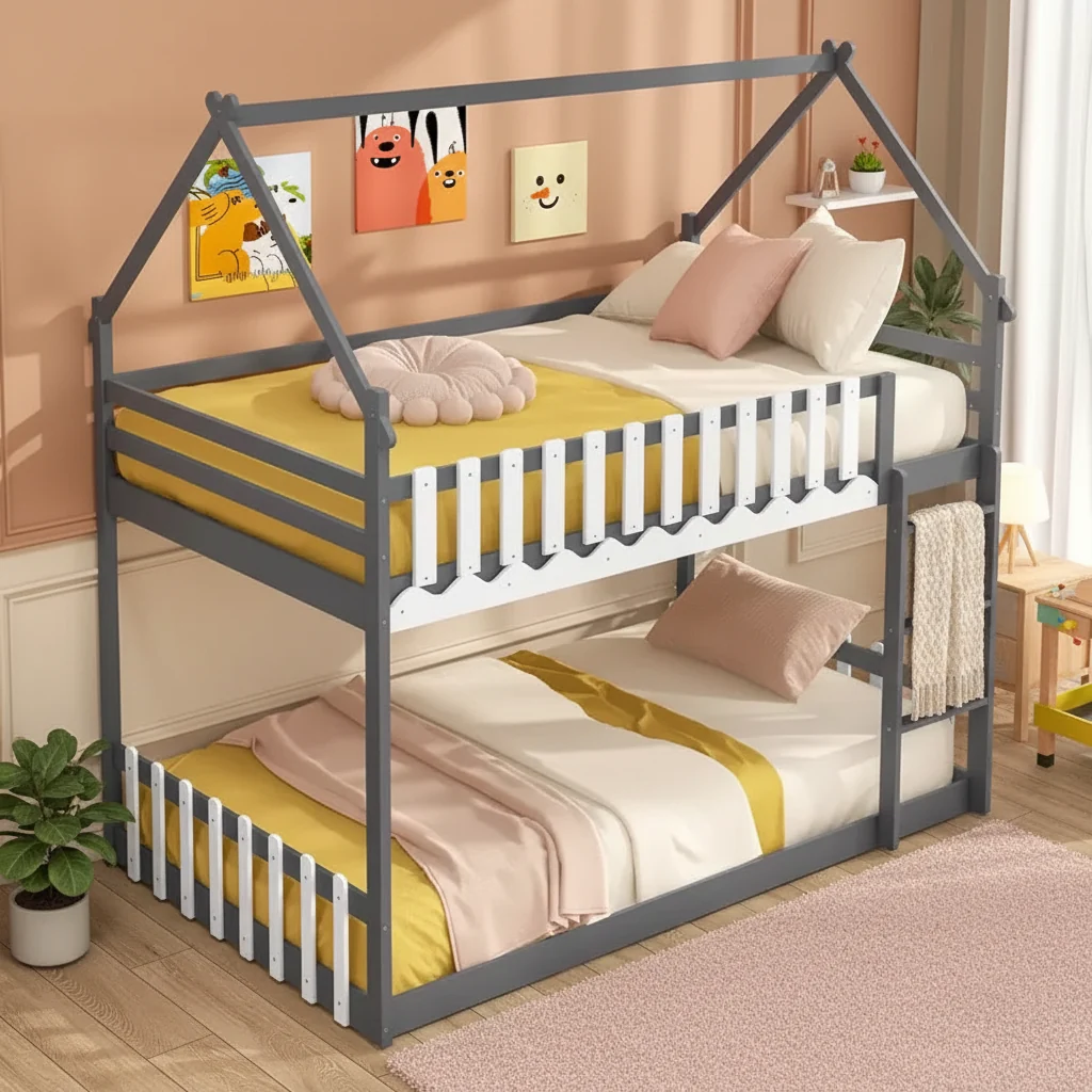 Twin Over Twin House Bunk Bed with Fence & Ladder - Solid Wood, Gray