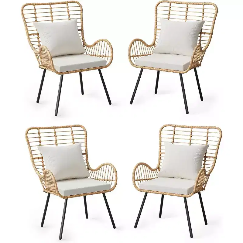 Wicker Patio Chairs Set of 4, Outdoor Rattan Furniture with Cushions & Pillows, Boho Patio Chairs for Porch, Garden, All-Weather, Easy Assembly
