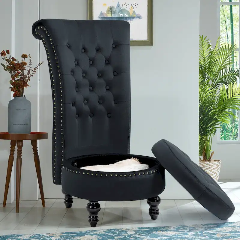 AVAWING High Back Throne Chair Velvet Armless Royal Accent Chair with Storage