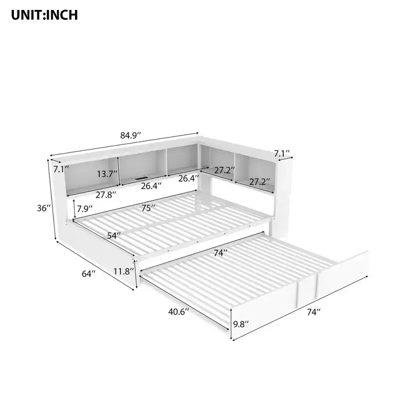 Full Size Metal Daybed with Trundle, 5 Storage Cabinets, White