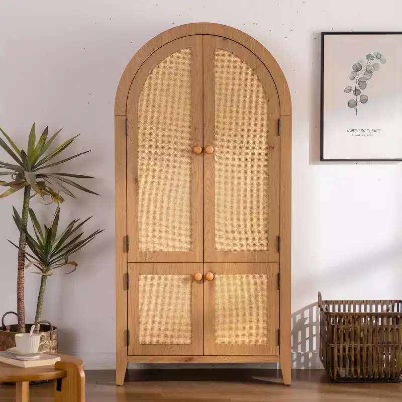 GDFStudio Akira Modern Arched Wood Pantry Cabinet with Rattan Doors