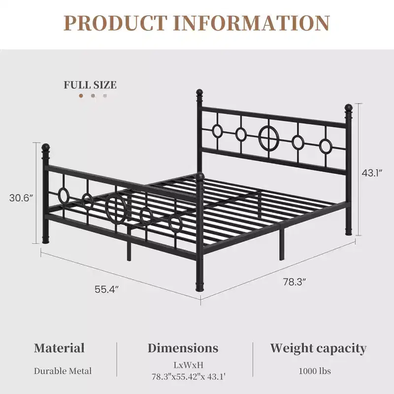 Bed Frame with Vintage Circular Headboard and Footboard, Metal Platform Bed Frame, No Box Spring Needed, Noise-Free Design, Easy Assembly