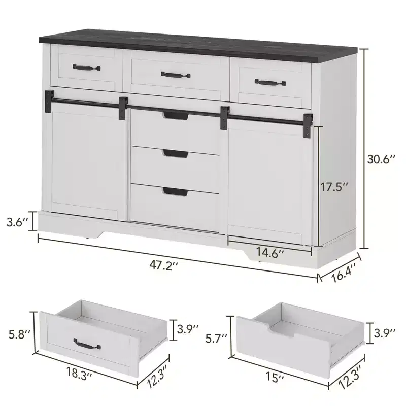 6 Drawers Dresser with Mirror for Bedroom, Makeup Vanity with Light Mirror, Chest of Drawers with Sliding Barn Doors for Bedroom, Living Room