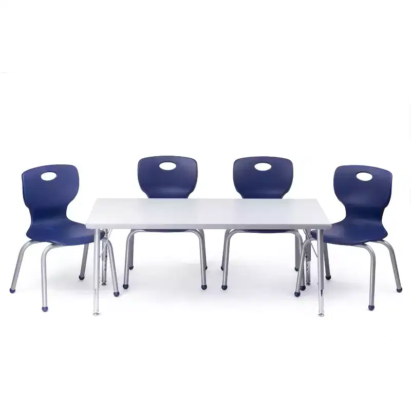 Bintiva Activity Table & Chair Set  24x48 Gray Sprayed Edge Table with Adjustable Legs and 4 Blue 12 NAAR Classroom Chairs