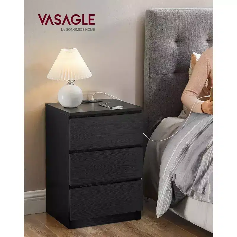 VASAGLE Nightstand with Charging Station, Bedside Table, Side End Table with 3 Drawers, 2 AC Outlets, 2 USB Ports, Beveled Drawer Fronts