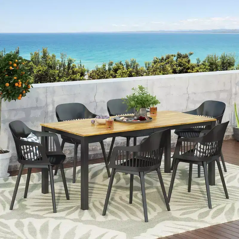 Christopher Knight Home Lorena Outdoor Acacia Wood and Resin 7 Piece Dining Set with 71 Dining Table, Black and Teak